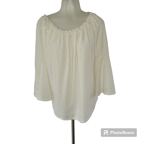 MELISSA Paige White Eyelet 3/4 Bell Sleeve Ruffle Collar Boho Tunic Top Blouse - Picture 2 of 8
